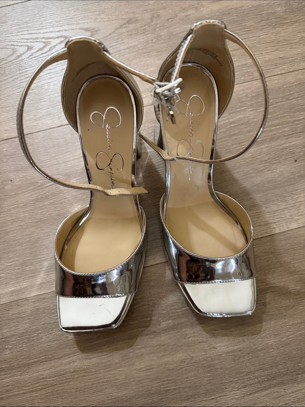 Jessica Simpson Metallic Silver Open-Toe Ankle-Strap Heels